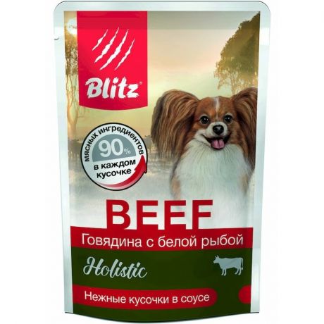 Blitz Blitz Holistic Adult Beef & White Fish полнорационный влажный корм для собак мелких пород, с говядиной и белой рыбой, кусочки в соусе, в паучах - 85 г