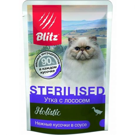 Blitz Blitz Holistic Sterilised полнорационный влажный корм для стерилизованных кошек и кастрированных котов, с уткой и лососем, кусочки в соусе, в паучах - 85 г