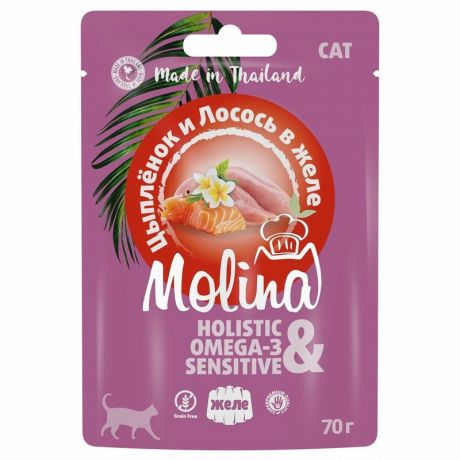 Molina Molina влажный корм для кошек с цыпленком и лососем в желе 70 г