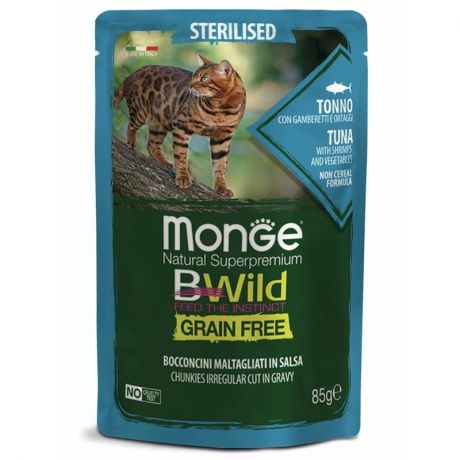 Monge Monge Cat BWild GRAIN FREE паучи из тунца с креветками и овощами для стерилизованных кошек - 85 г