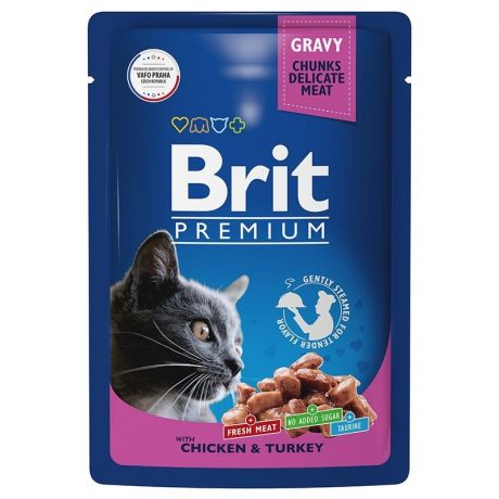 Brit Brit Premium влажный корм для взрослых кошек с цыпленком и индейкой в соусе 85 г
