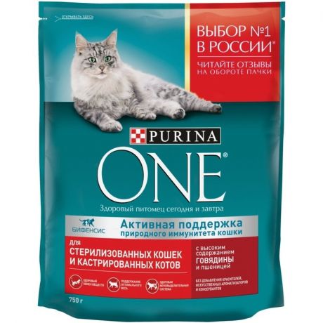 PURINA ONE Purina ONE сухой корм для стерилизованных кошек и кастрированных котов, с высоким содержанием говядины и пшеницей - 750 г