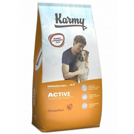 Karmy Karmy Active Medium & Maxi полнорационный сухой корм для собак средних и крупных пород при высоких физических нагрузках, с индейкой - 14 кг