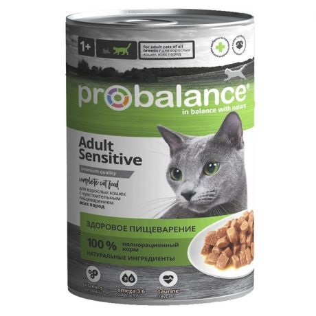 ProBalance Probalance Sensitive полнорационный влажный корм для кошек с чувствительным пищеварением, с курицей, кусочки в соусе, в консервах - 415 г