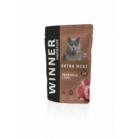 Winner Мираторг Extra Meat полнорационный влажный корм для взрослых кошек с чувствительным пищеварением, с телятиной в желе, в паучах - 80 г