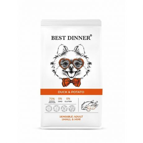 BEST DINNER Best Dinner Sensible Adult Mini полнорационный сухой корм для собак мелких пород, склонных к аллергии и проблемам с пищеварением, с уткой и картофелем - 1,5 кг