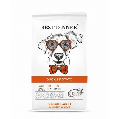 BEST DINNER Best Dinner Sensible Adult Medium & Maxi полнорационный сухой корм для собак средних и крупных пород, склонных к аллергии и проблемам с пищеварением, с уткой и картофелем - 3 кг