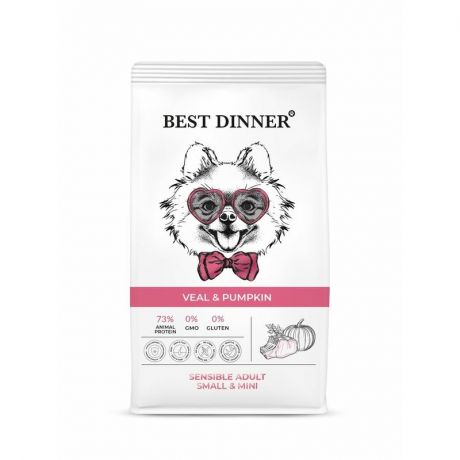 BEST DINNER Best Dinner Sensible Adult Small & Mini полнорационный сухой корм для собак мелких пород, склонных к аллергии и проблемам с пищеварением, с телятиной и тыквой - 1,5 кг