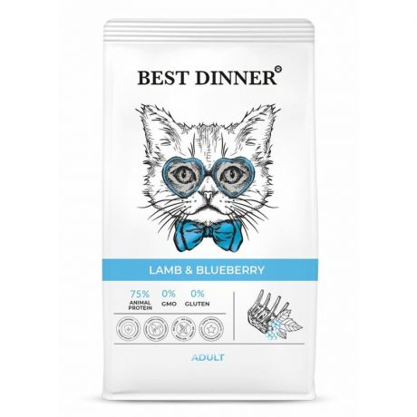 BEST DINNER Best Dinner Adult Cat полнорационный сухой корм для кошек, склонных к аллергии и проблемам пищеварения, с ягненком и голубикой - 400 г