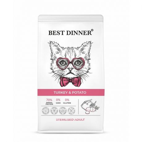 BEST DINNER Best Dinner Sterilised Adult полнорационный сухой корм для стерилизованных кошек, склонных к аллергии и проблемам с пищеварением, с индейкой и картофелем - 400 г