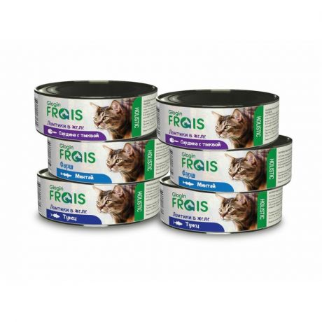 FRAIS Frais Glogin Holistic полнорационный влажный корм для кошек, рыбное ассорти, 2 с сардинами, 2 с тунцом, 2 с минтаем, ломтики в желе, фарш, в консервах - 100 г