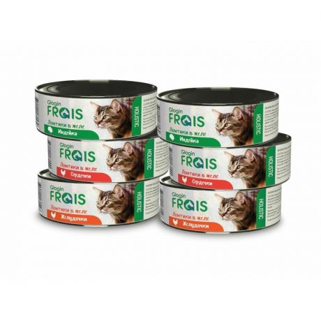 FRAIS Frais Glogin Holistic полнорационный влажный корм для кошек, мясное ассорти, 2 с желудочками, 2 с индейкой, 2 с сердечками, ломтики в желе, в консервах - 100 г