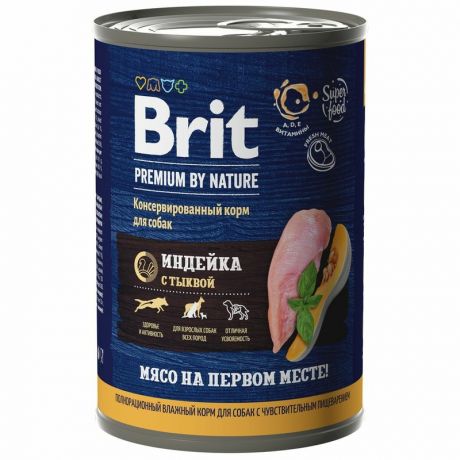 Brit Brit Premium by Nature полнорационный влажный корм для взрослых собак всех пород с чувствительным пищеварением, с индейкой и тыквой, в консервах - 410 г