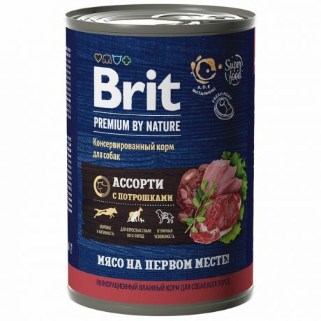 Brit Brit Premium by Nature полнорационный влажный корм для взрослых собак всех пород, с мясным ассорти и потрошками, в консервах - 410 г