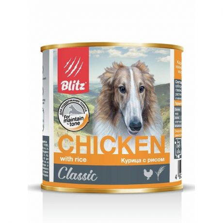Blitz Blitz Classic Adult Dog полнорационный влажный корм для собак, фарш из курицы с рисом, в консервах - 750 г