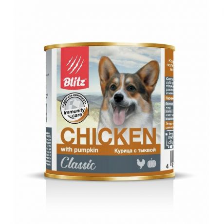 Blitz Blitz Classic Adult Dog полнорационный влажный корм для собак, фарш из курицы с тыквой, в консервах - 750 г