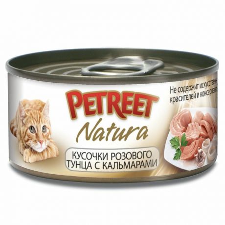 PETREET Petreet Natura влажный корм для кошек, с розовым тунцом и кальмарами, кусочки в бульоне, в консервах - 70 г