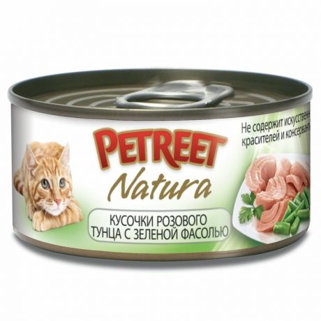 PETREET Petreet Natura влажный корм для кошек, с розовым тунцом и зеленой фасолью, кусочки в бульоне, в консервах - 70 г