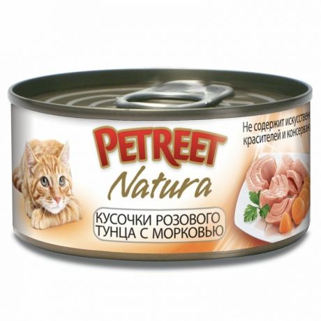 PETREET Petreet Natura влажный корм для кошек, с розовым тунцом и морковью, кусочки в бульоне, в консервах - 70 г