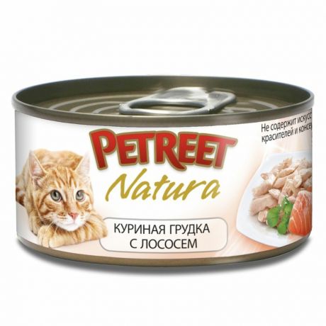 PETREET Petreet Natura влажный корм для кошек, с куриной грудкой и лососем, волокна в бульоне, в консервах - 70 г