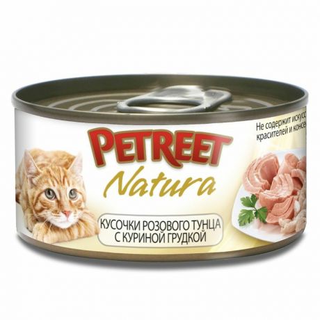 PETREET Petreet Natura влажный корм для кошек, с куриной грудкой и тунцом, кусочки в бульоне, в консервах - 70 г