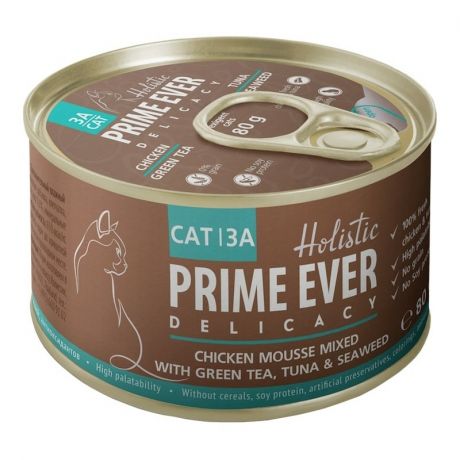 PRIME EVER Prime Ever Delicacy влажный корм для кошек, мусс с цыпленком, тунцом, зеленым чаем и водорослями, в консервах - 80 г