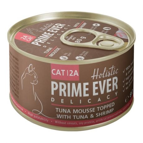 PRIME EVER Prime Ever Delicacy влажный корм для кошек, мусс с тунцом и креветками, в консервах - 80 г