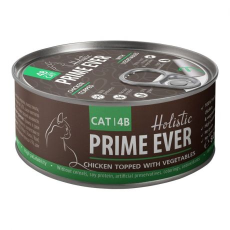 PRIME EVER Prime Ever 4B влажный корм для кошек, с цыпленком и овощами, кусочки в желе, в консервах - 80 г