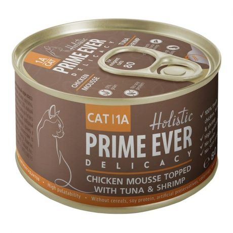 PRIME EVER Prime Ever Delicacy влажный корм для кошек, мусс с цыпленком, тунцом и креветками, в консервах - 80 г