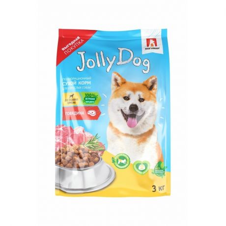 ЗООГУРМАН Зоогурман Jolly Dog полнорационный сухой корм для собак, с говядиной - 3 кг