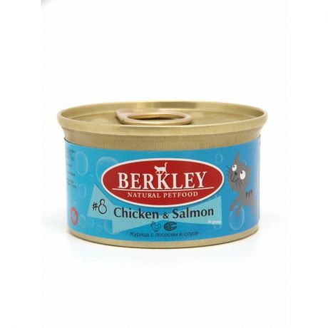 BERKLEY Berkley №8 полнорационный влажный корм для взрослых кошек, с курицей и лососем, волокна в соусе, в консервах - 85 г