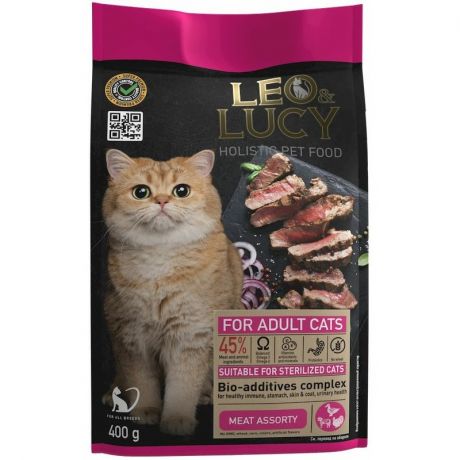 Leo&Luсy Leo&Lucy сухой полнорационный корм для стерилизованных кошек, мясное ассорти с биодобавками - 400 г