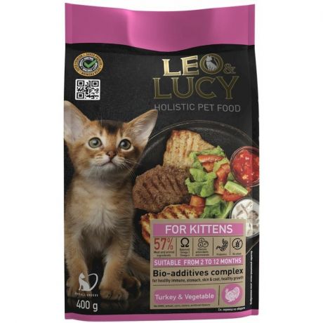 Leo&Luсy Leo&Lucy сухой полнорационный корм для котят, с индейкой, овощами и биодобавками - 400 г