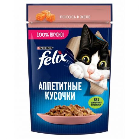 Felix Felix Аппетитные кусочки влажный корм для кошек, с лососем, кусочки в желе, в паучах - 75 г