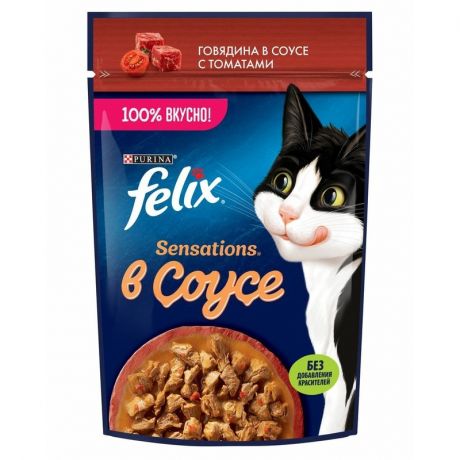 Felix Felix Sensations влажный корм для кошек, с говядиной в соусе с томатами, кусочки в соусе, в паучах - 75 г