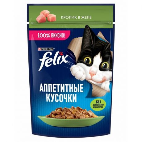 Felix Felix Аппетитные кусочки влажный корм для кошек, с кроликом, кусочки в желе, в паучах - 75 г
