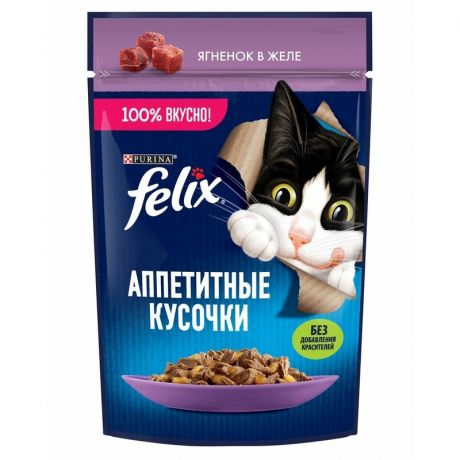 Felix Felix Аппетитные кусочки влажный корм для кошек, с ягненком, кусочки в желе, в паучах - 75 г