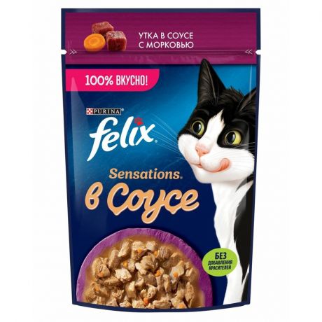 Felix Felix Sensations влажный корм для кошек, с уткой в соусе с морковью, кусочки в соусе, в паучах - 75 г