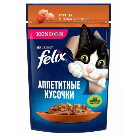 Felix Felix Аппетитные кусочки влажный корм для кошек, с курицей и томатами, кусочки в желе, в паучах - 75 г