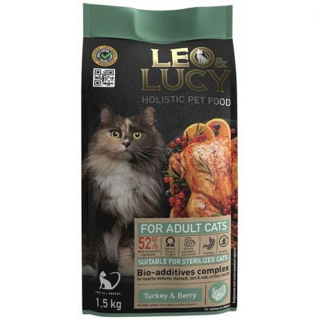 Leo&Luсy Leo&Lucy сухой полнорационный корм для стерилизованных и пожилых кошек, с индейкой, ягодами и биодобавками - 1,5 кг