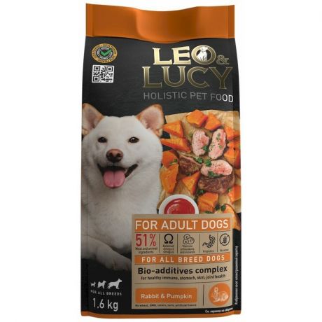 Leo&Luсy Leo&Lucy сухой полнорационный корм для собак, с кроликом, тыквой и биодобавками - 1,6 кг