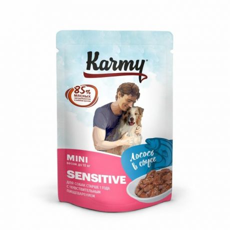 Karmy Влажный корм Karmy Mini Sensitive для собак мелких пород с чувствительным пищеварением с лососем мясные кусочки в соусе - 80 г