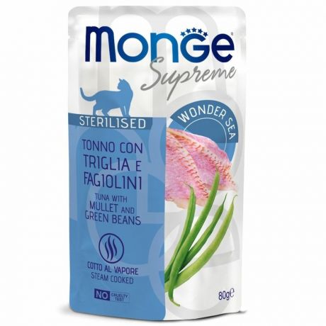 Monge Monge Supreme sterilized влажный корм для стерилизованных кошек с тунцом, кефалью и зелёной фасолью, в паучах - 80 г