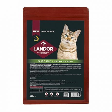 LANDOR Landor сухой корм для взрослых и привередливых в питании кошек, с индейкой и ягненком - 400 г