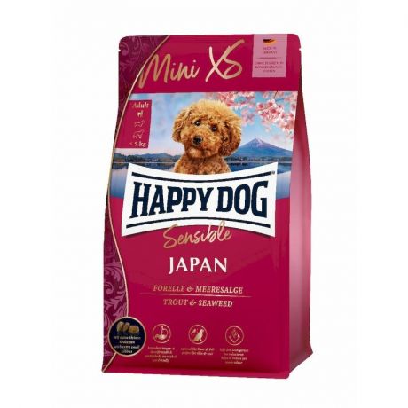 HAPPY DOG Happy Dog Sensible Mini XS Japan полнорационный сухой корм для собак миниатюрных пород с чувствительным пищеварением, с курицей, форелью и водорослями - 1,3 кг