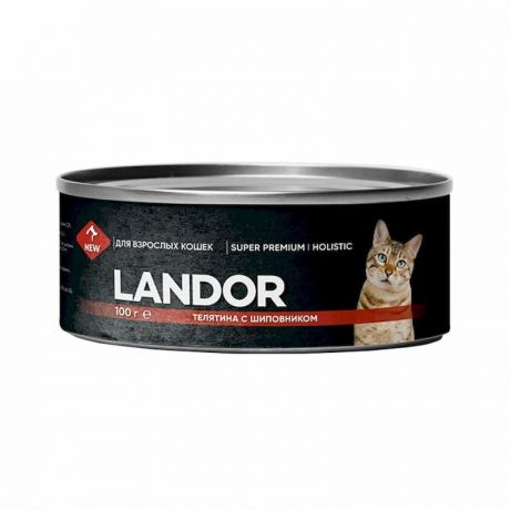 LANDOR Landor влажный корм для взрослых кошек, с телятиной и шиповником, в консервах - 100 г