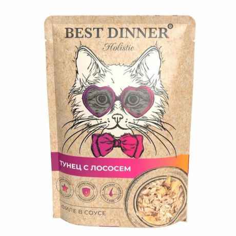 BEST DINNER Best Dinner Holistic полнорационный влажный корм для кошек, с тунцом и лососем, волокна в соусе, в паучах - 70 г