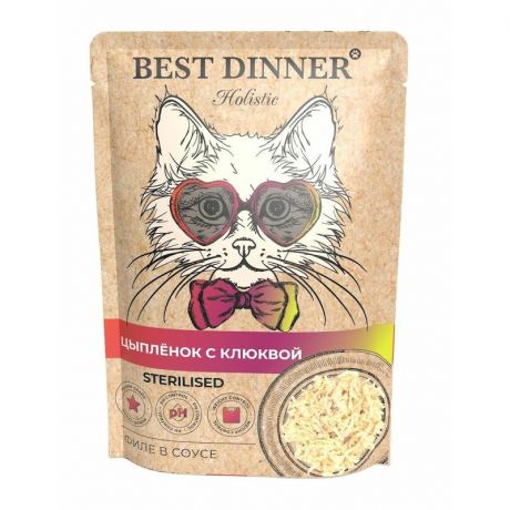 BEST DINNER Best Dinner Holistic полнорационный влажный корм для стерилизованных кошек, с цыпленком и клюквой, волокна в соусе, в паучах - 70 г