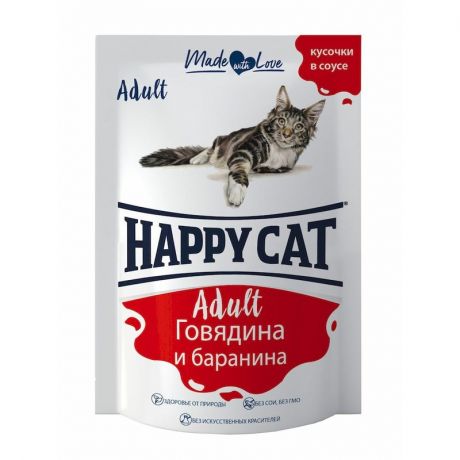 HAPPY CAT Happy Cat влажный корм для кошек, с бараниной и говядиной, кусочки в соусе, в паучах - 100 г