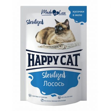 HAPPY CAT Happy Cat влажный корм для стерилизованных кошек, с лососем, кусочки в желе, в паучах - 100 г